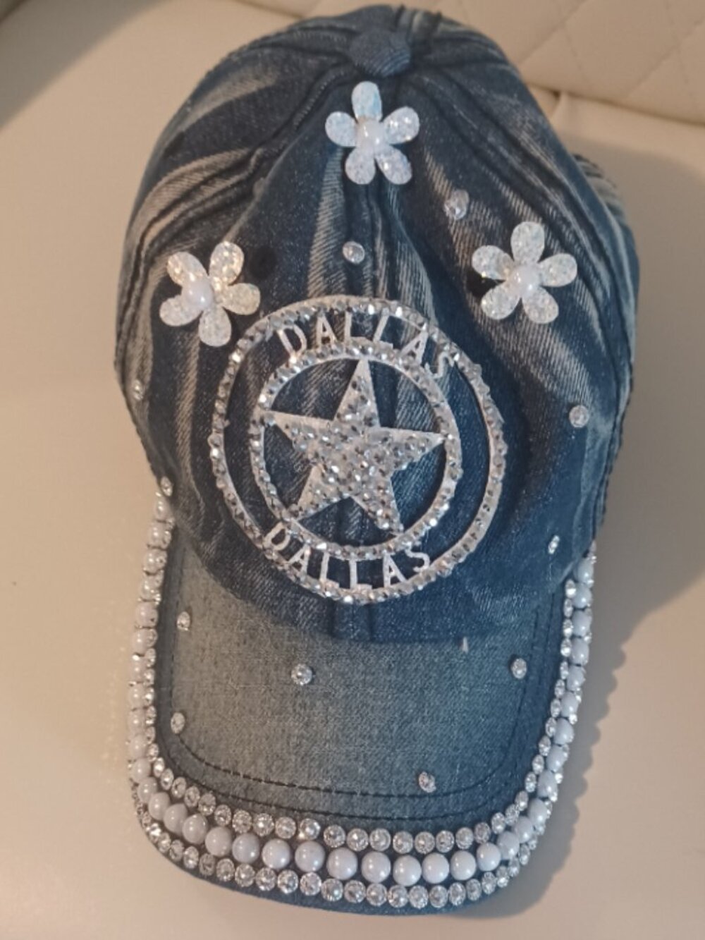 Cute Blingy Denim Jean Distressed Dallas Star Flowers Pearls w/Ponytail Hole Cap